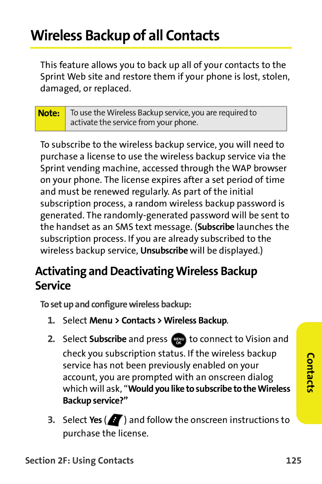 Samsung M510 Wireless Backup of all Contacts, Activating and Deactivating Wireless Backup Service, Using Contacts 125 