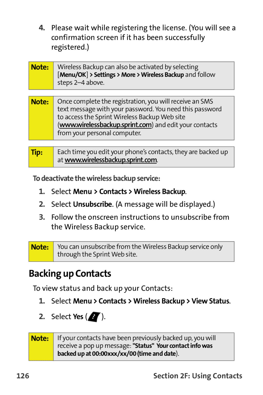 Samsung M510 Backing up Contacts, To deactivate the wireless backup service, To view status and back up your Contacts, 126 