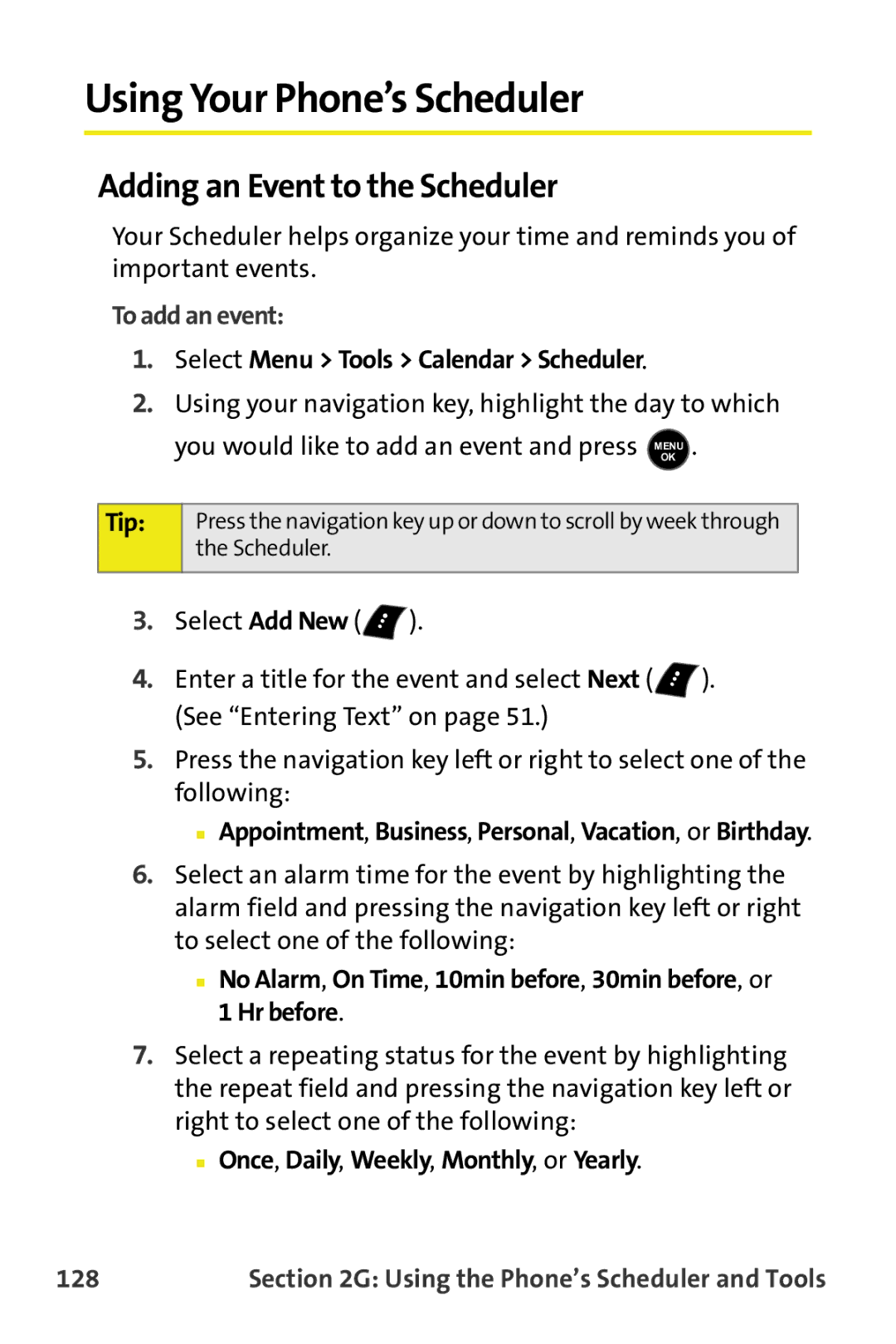 Samsung M510 manual Using Your Phone’s Scheduler, Adding an Event to the Scheduler, To add an event, 128 