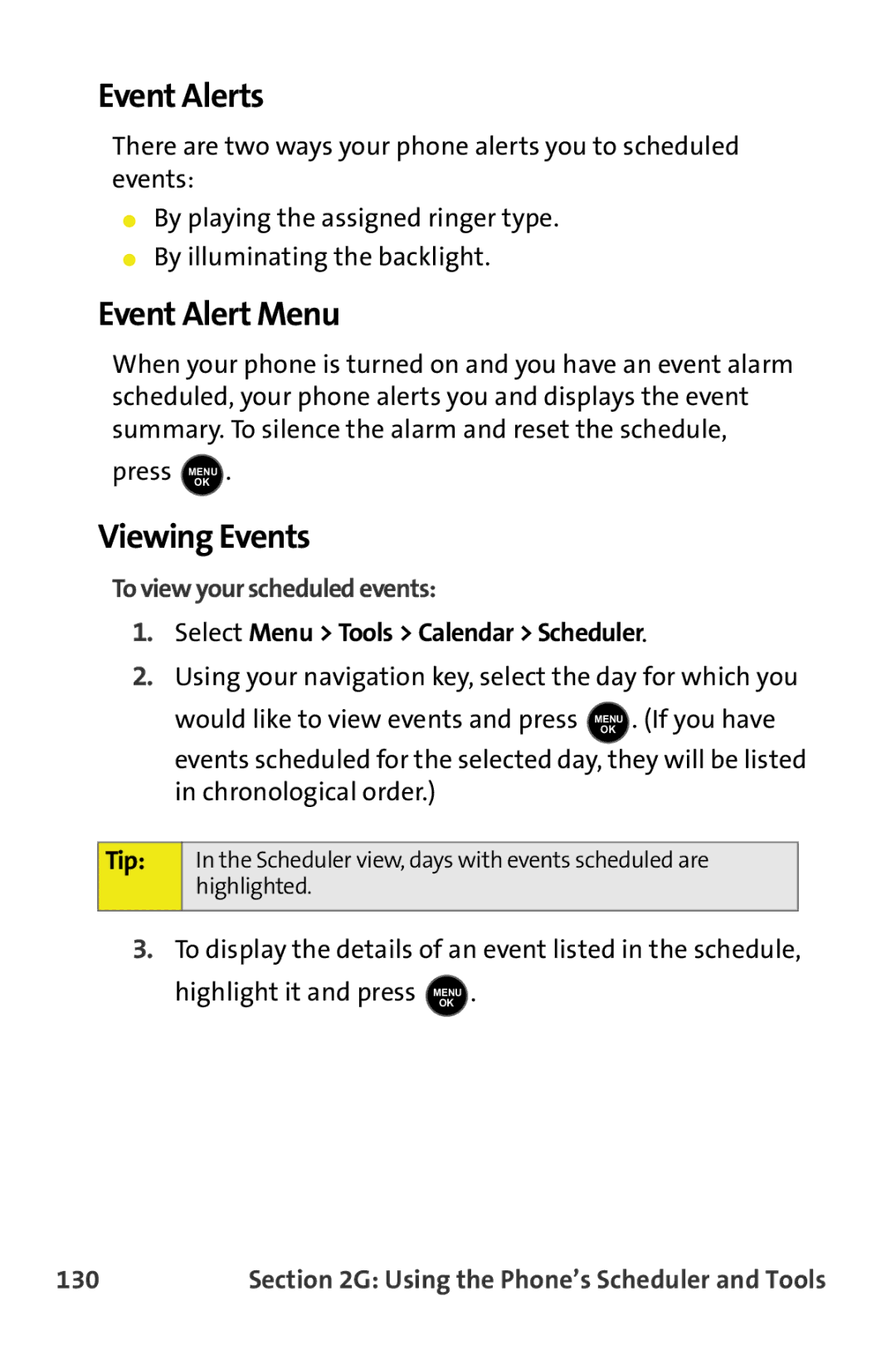 Samsung M510 manual Event Alerts, Event Alert Menu, Viewing Events, To view your scheduled events, 130 