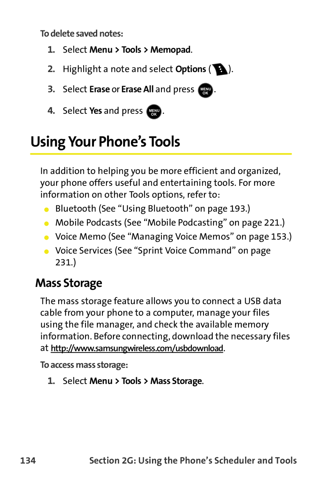 Samsung M510 manual Using Your Phone’s Tools, Mass Storage, To delete saved notes, To access mass storage, 134 