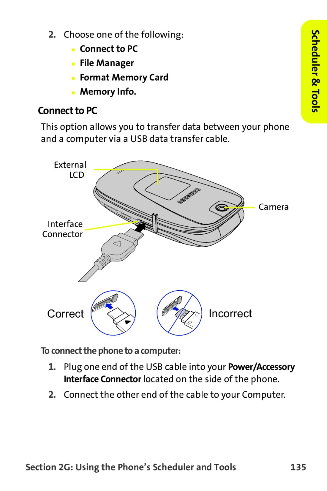 Samsung M510 manual Connect to PC File Manager Format Memory Card Memory Info, To connect the phone to a computer, 135 