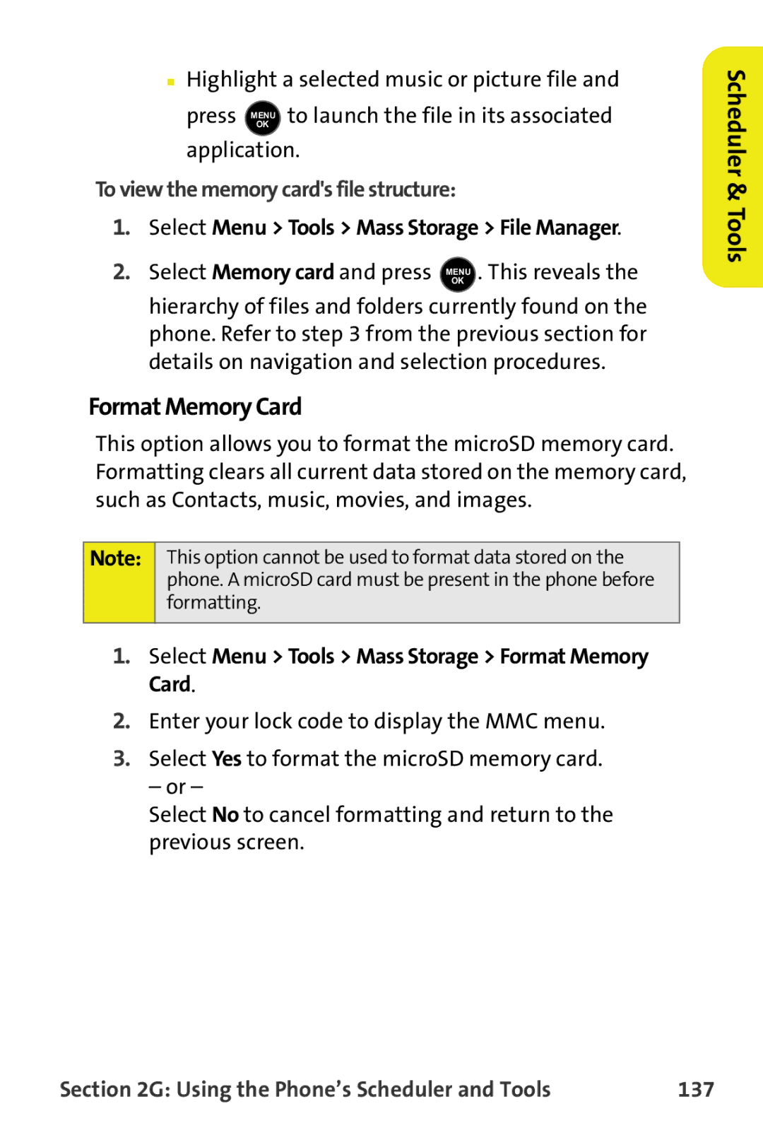 Samsung M510 manual Format Memory Card, To view the memory cards file structure, 137 