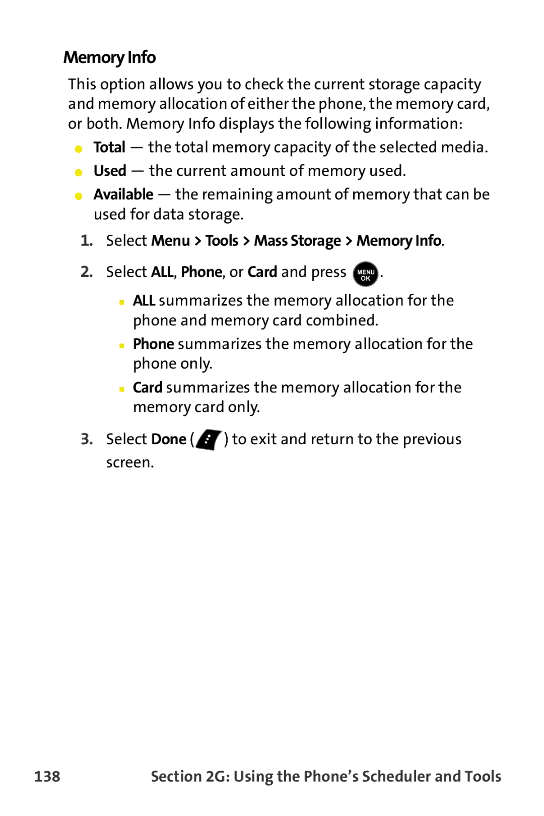 Samsung M510 manual Select Menu Tools Mass Storage Memory Info, 138 