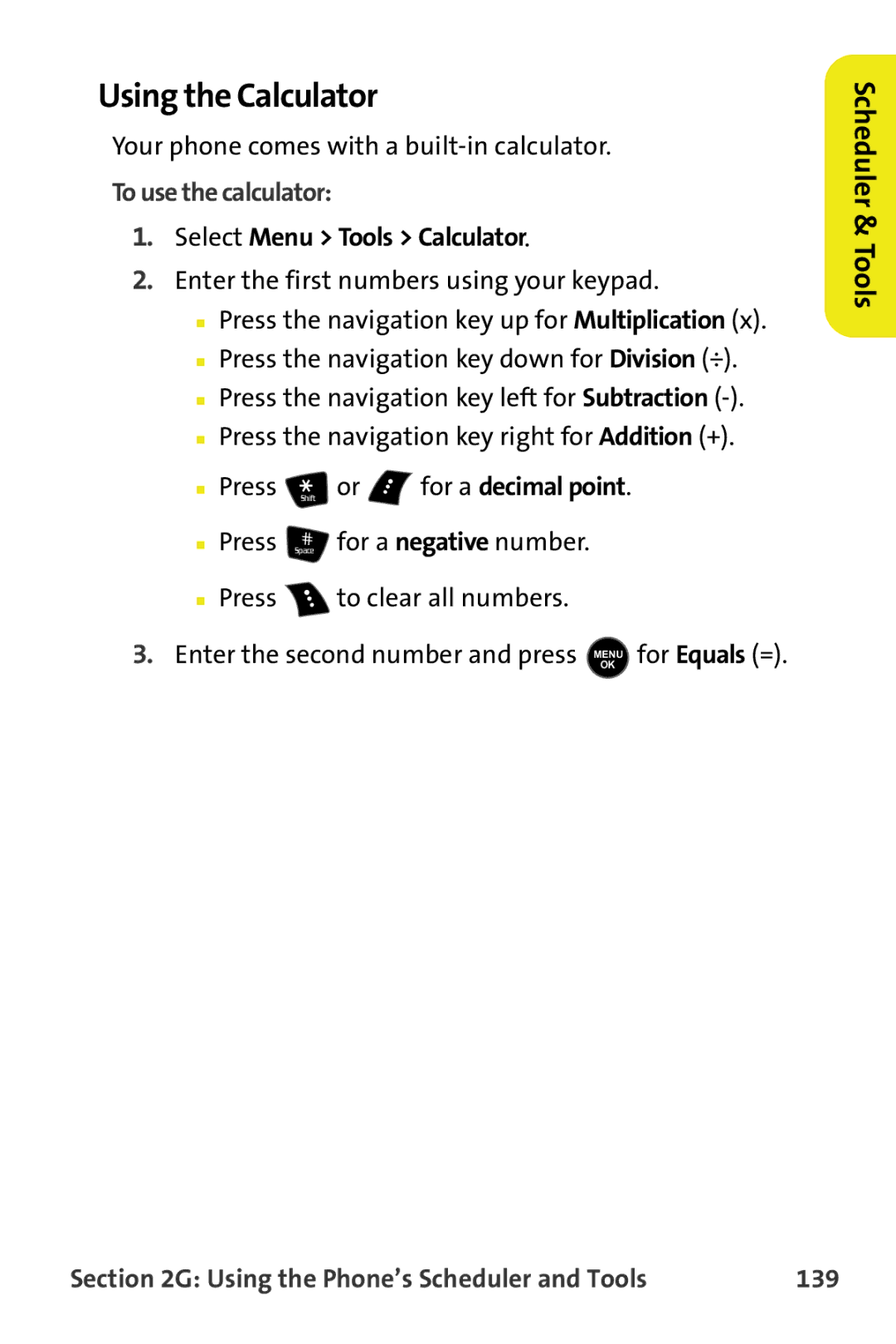 Samsung M510 manual Using the Calculator, To use the calculator, Select Menu Tools Calculator, 139 