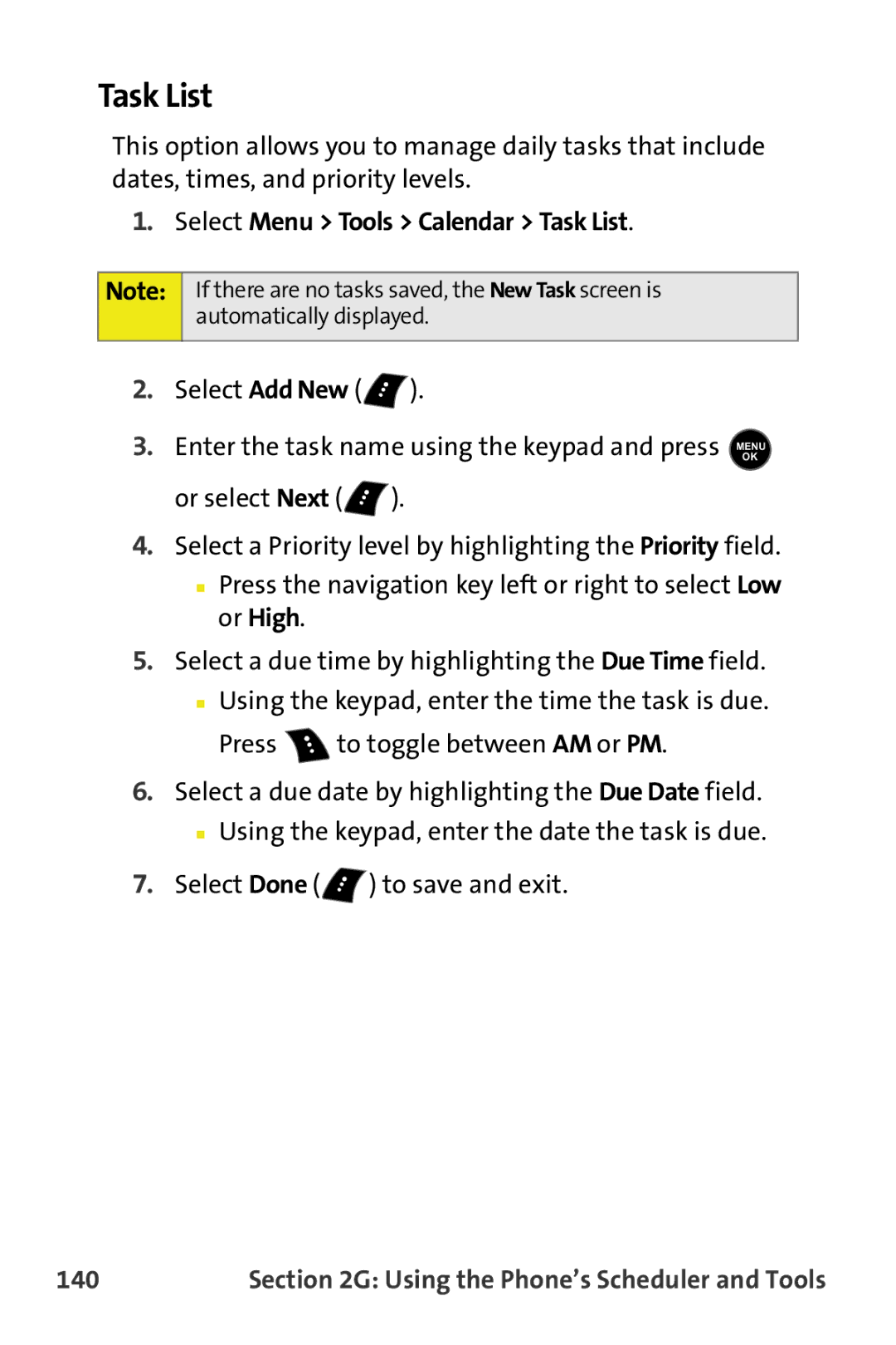 Samsung M510 manual Select Menu Tools Calendar Task List, 140 