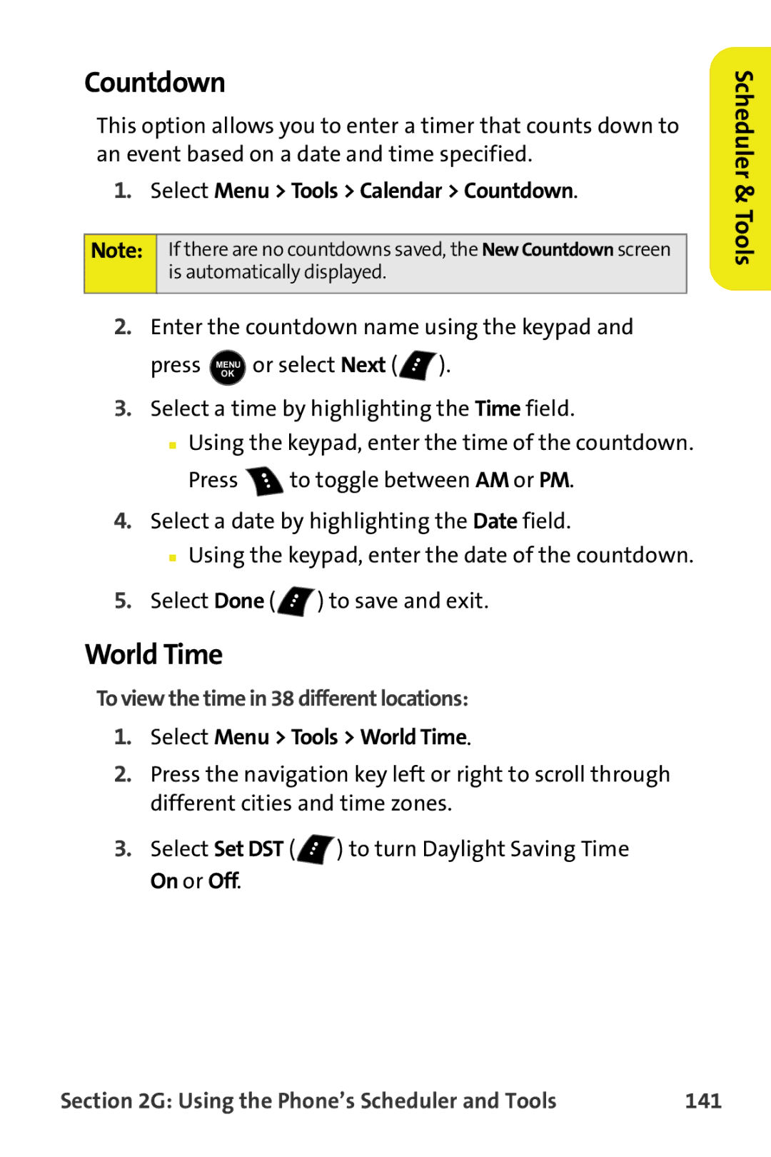 Samsung M510 manual Countdown, World Time, To view the time in 38 different locations, 141 