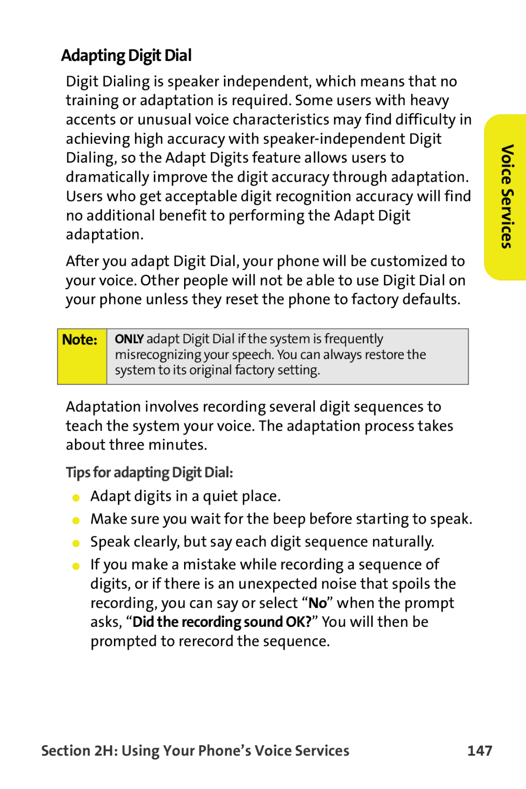 Samsung M510 manual Adapting Digit Dial, Tips for adapting Digit Dial, Using Your Phone’s Voice Services 147 