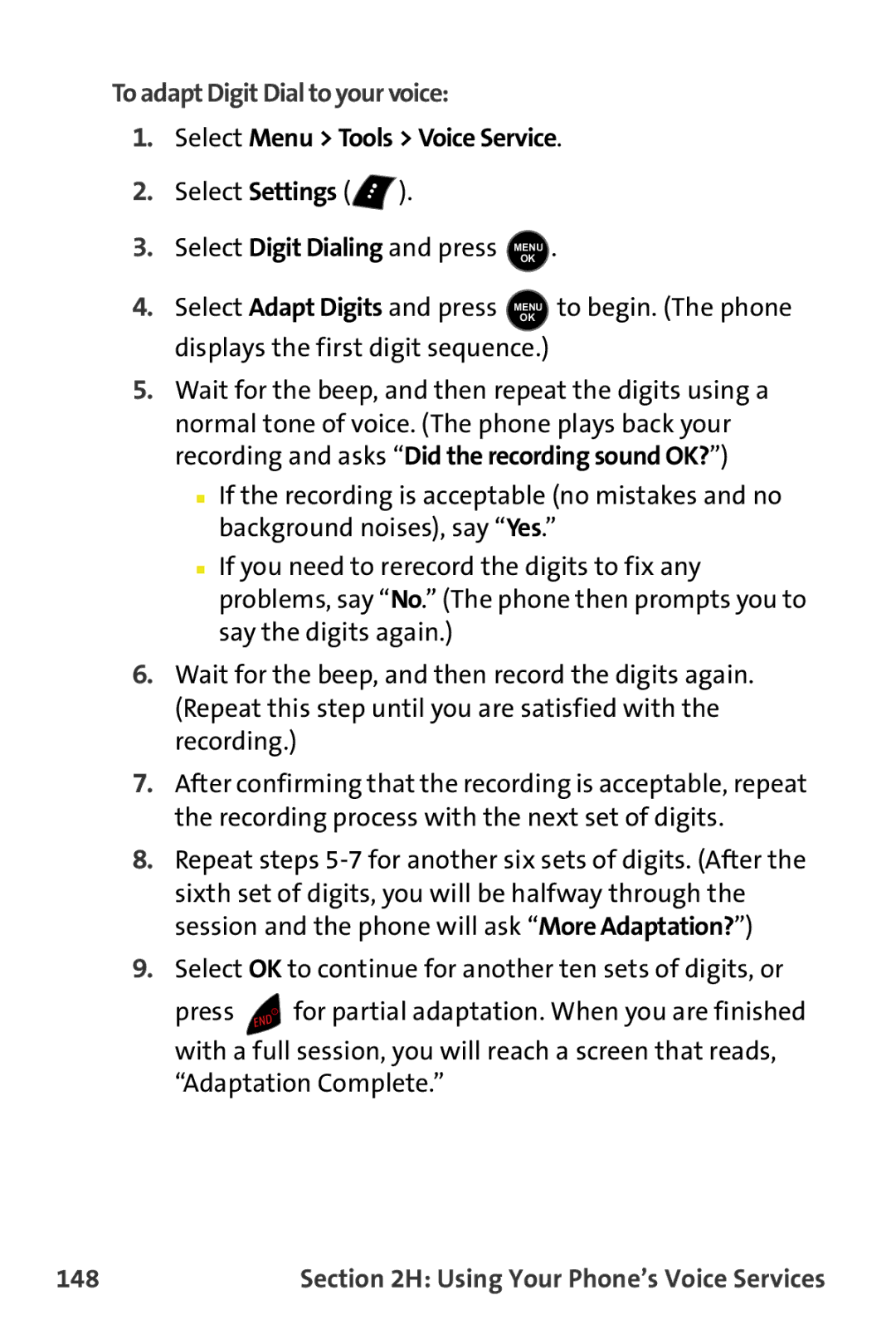 Samsung M510 manual To adapt Digit Dial to your voice, Select Menu Tools Voice Service, 148 