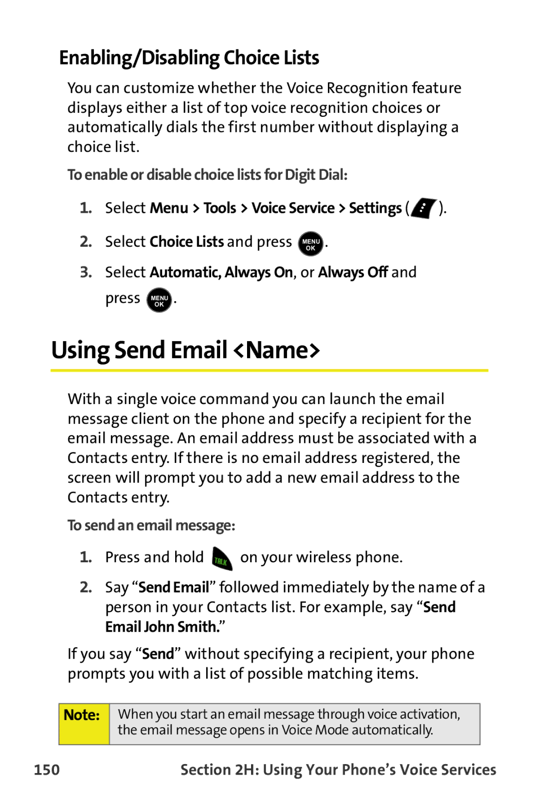 Samsung M510 Using Send Email Name, Enabling/Disabling Choice Lists, To enable or disable choice lists for Digit Dial, 150 