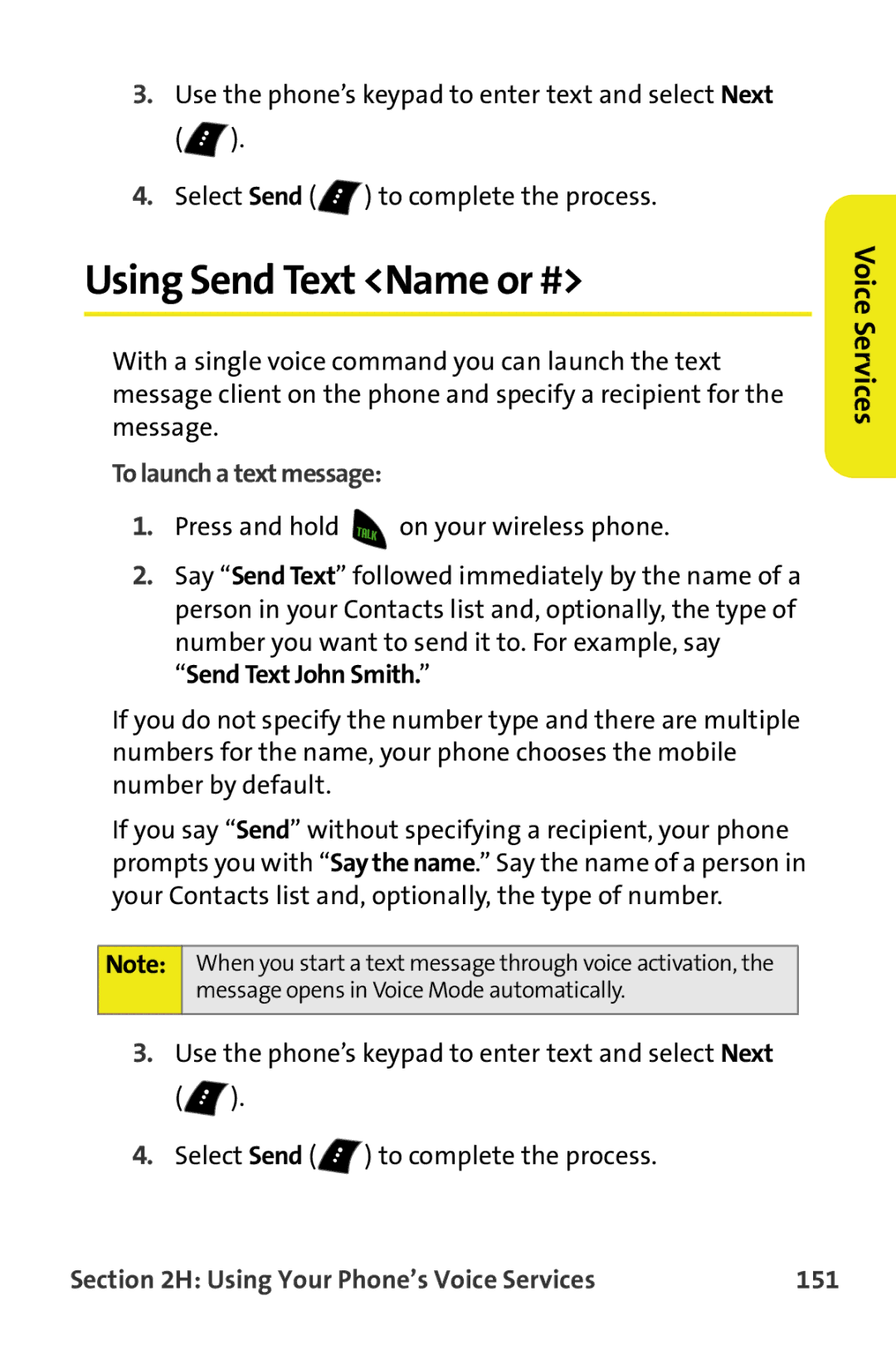 Samsung M510 manual Using Send Text Name or #, To launch a text message, Using Your Phone’s Voice Services 151 