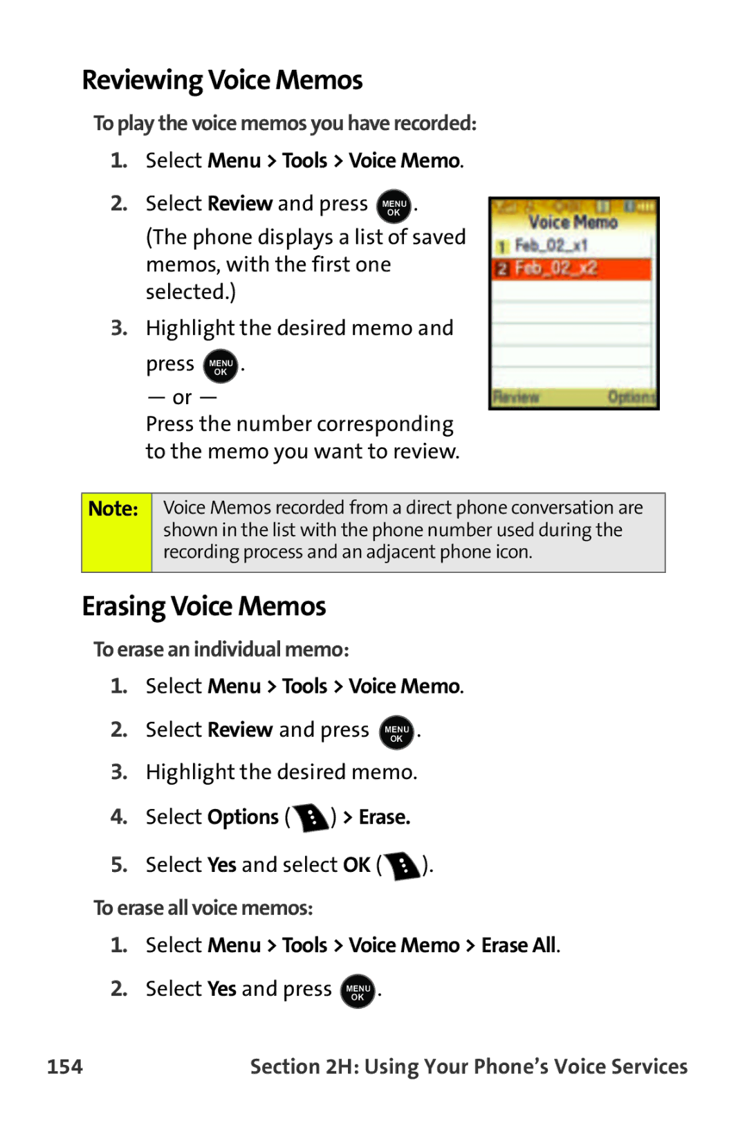 Samsung M510 manual Reviewing Voice Memos, Erasing Voice Memos 