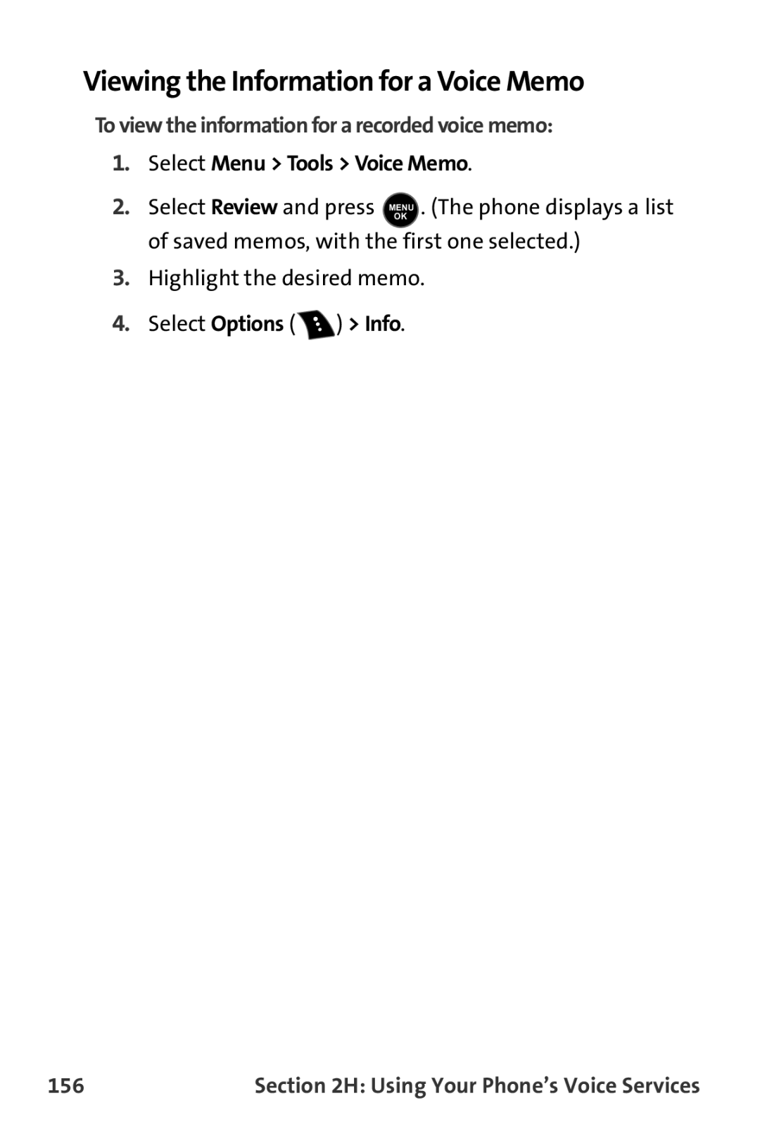 Samsung M510 manual Viewing the Information for a Voice Memo, To view the information for a recorded voice memo, 156 