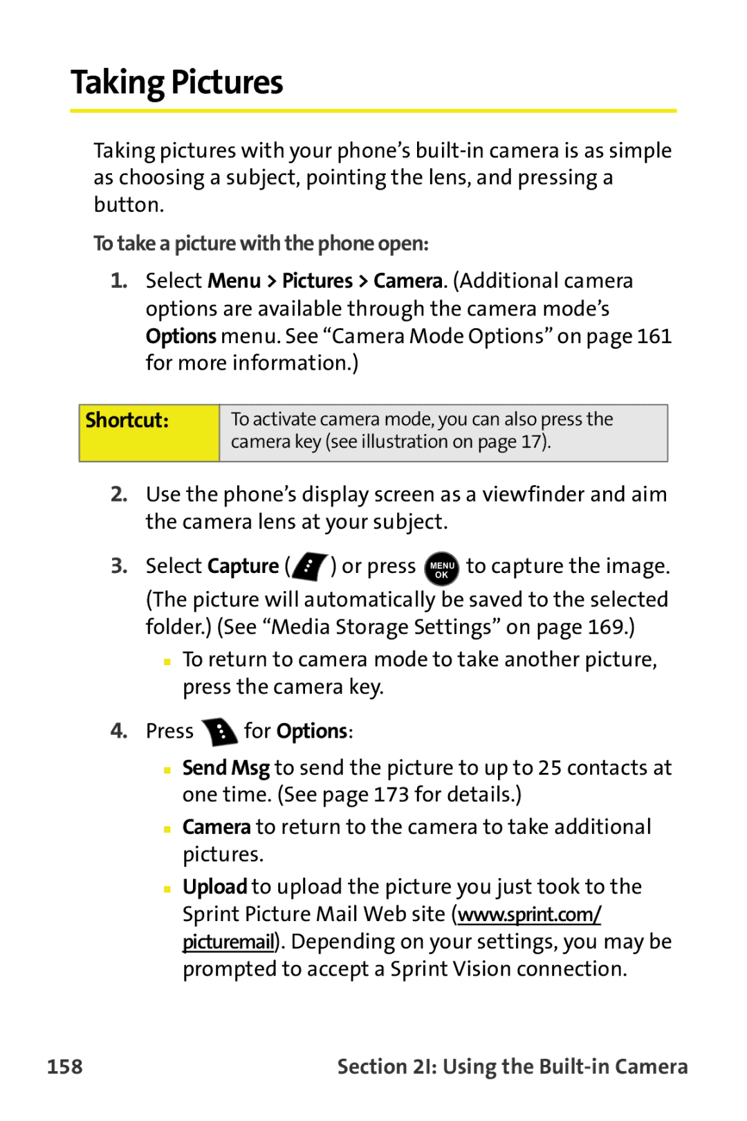 Samsung M510 manual Taking Pictures, To take a picture with the phone open, 158 