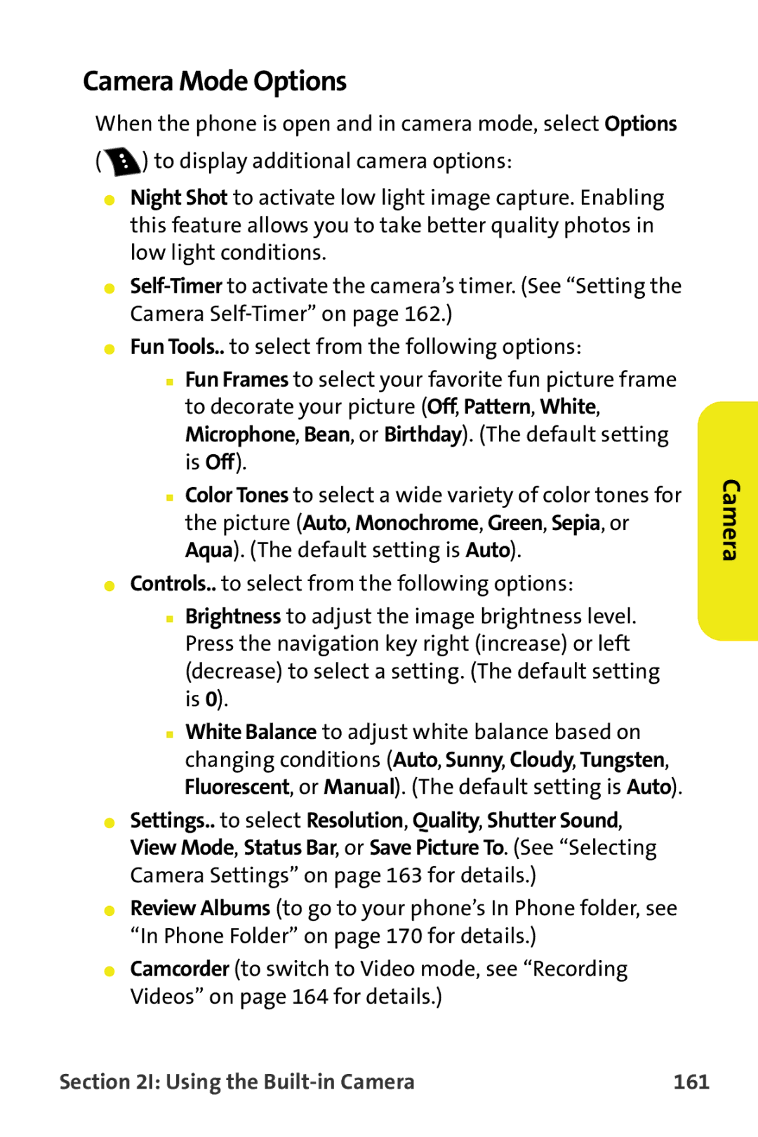 Samsung M510 manual Camera Mode Options, Using the Built-in Camera 161 