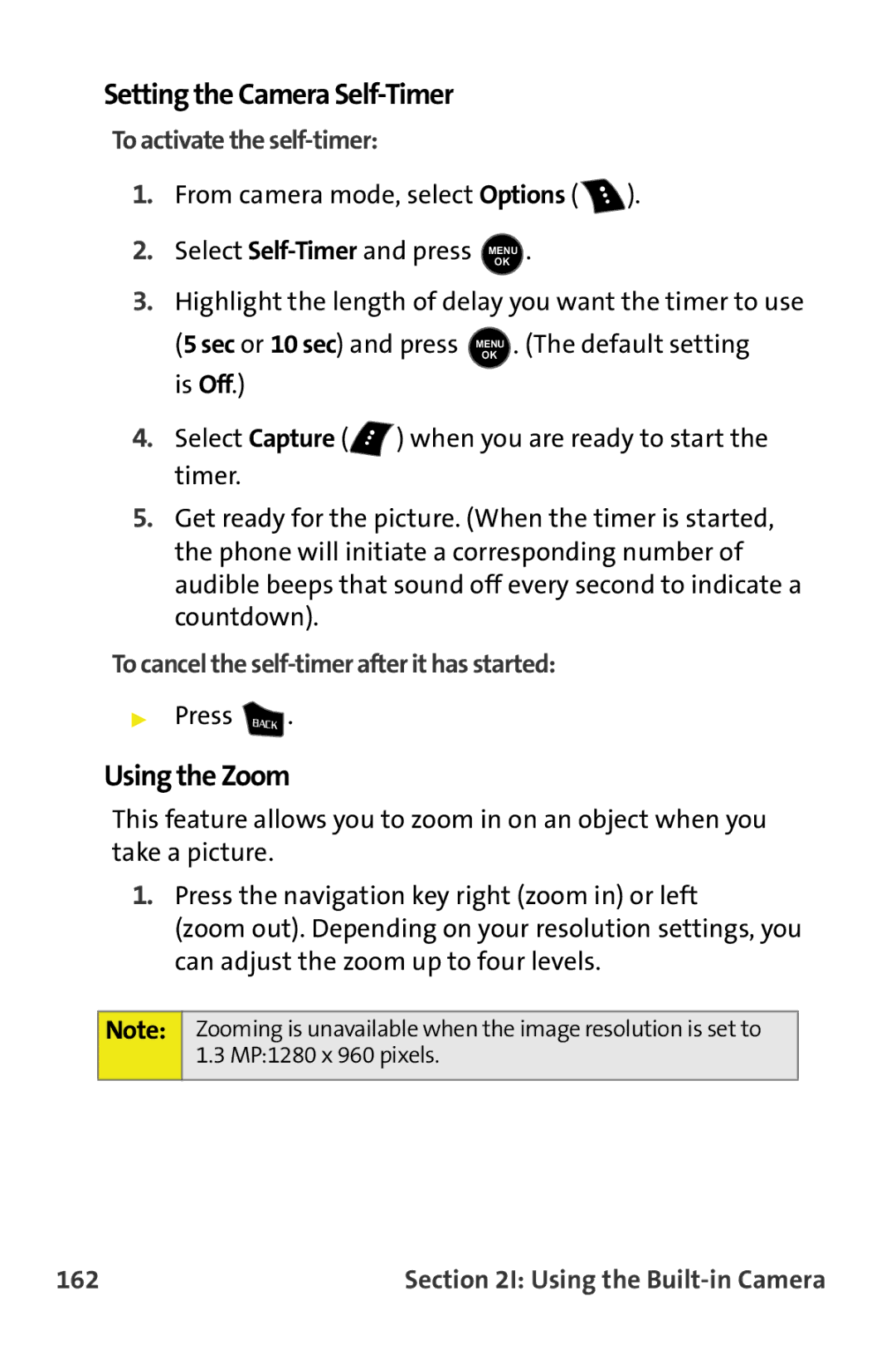 Samsung M510 manual Setting the Camera Self-Timer, Using the Zoom, To activate the self-timer, 162 