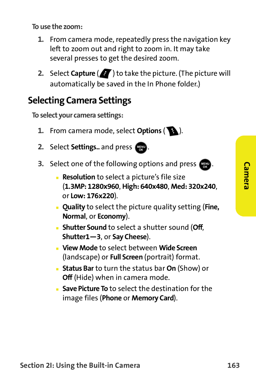 Samsung M510 Selecting Camera Settings, To use the zoom, To select your camera settings, Using the Built-in Camera 163 