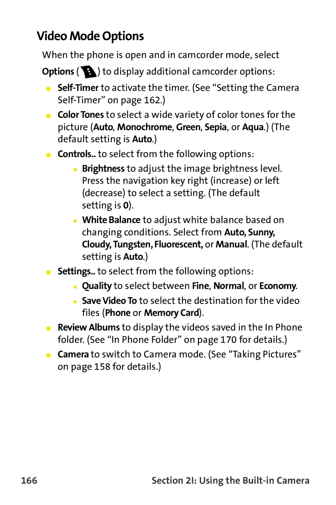 Samsung M510 manual Video Mode Options, 166 