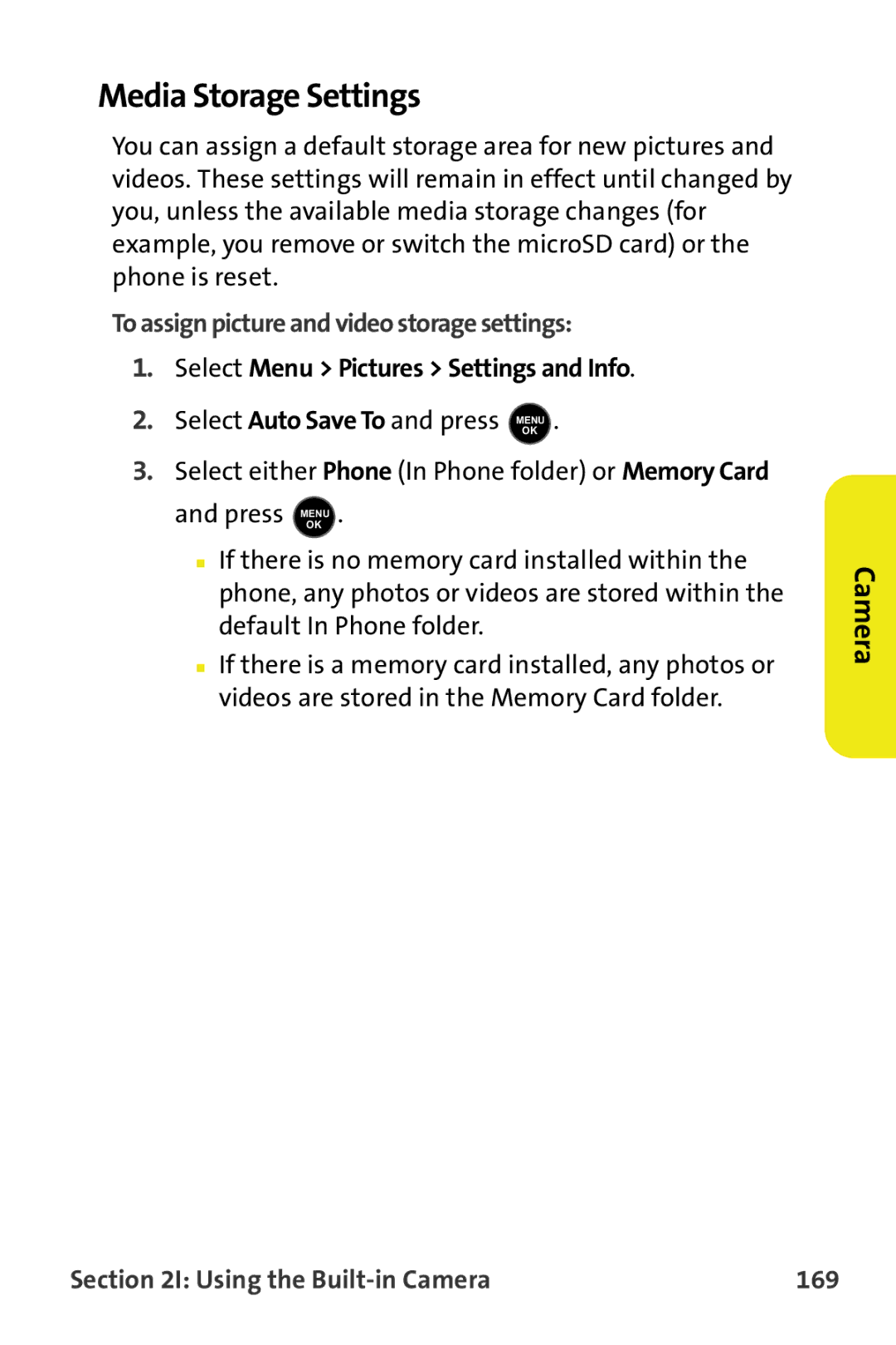 Samsung M510 Media Storage Settings, To assign picture and video storage settings, Select Menu Pictures Settings and Info 