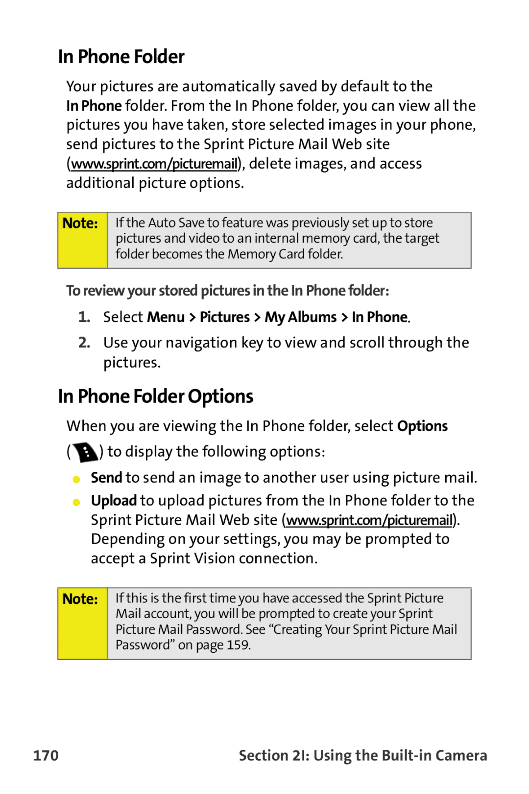 Samsung M510 manual Phone Folder Options, To review your stored pictures in the In Phone folder, 170 