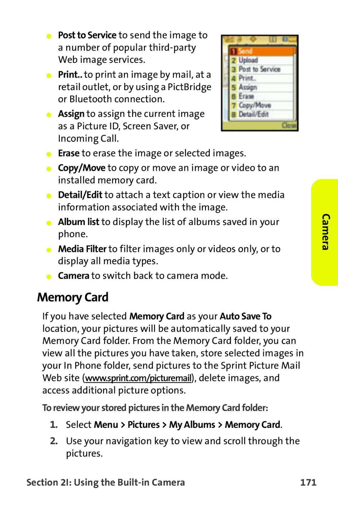 Samsung M510 manual Select Menu Pictures My Albums Memory Card, Using the Built-in Camera 171 