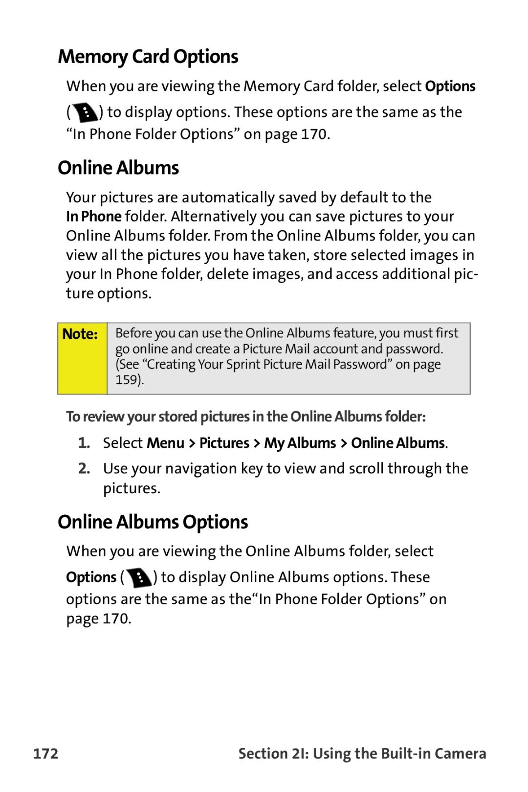 Samsung M510 Memory Card Options, Online Albums Options, To review your stored pictures in the Online Albums folder 