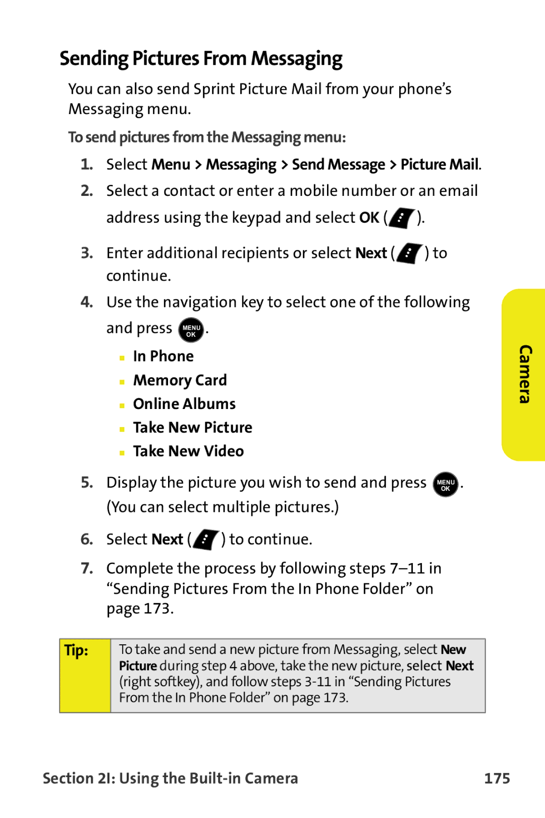 Samsung M510 Sending Pictures From Messaging, To send pictures from the Messaging menu, Using the Built-in Camera 175 