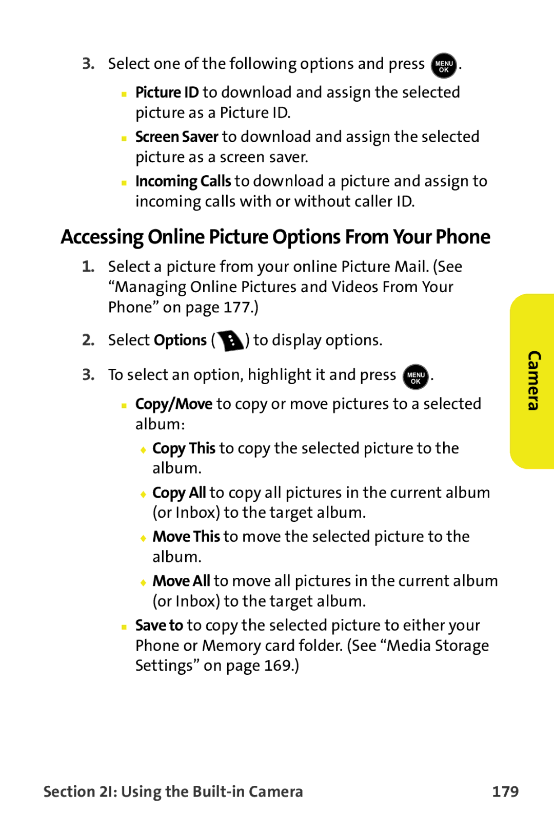 Samsung M510 manual Accessing Online Picture Options From Your Phone, Using the Built-in Camera 179 