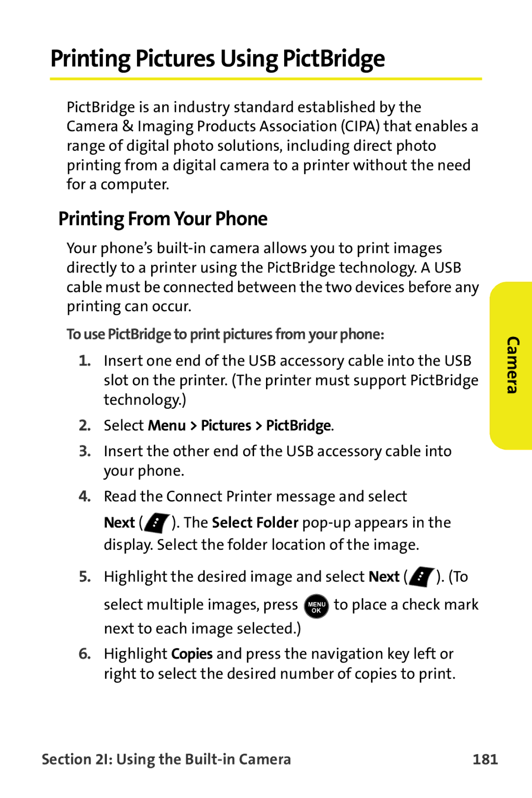 Samsung M510 manual Printing Pictures Using PictBridge, Printing From Your Phone, Select Menu Pictures PictBridge 