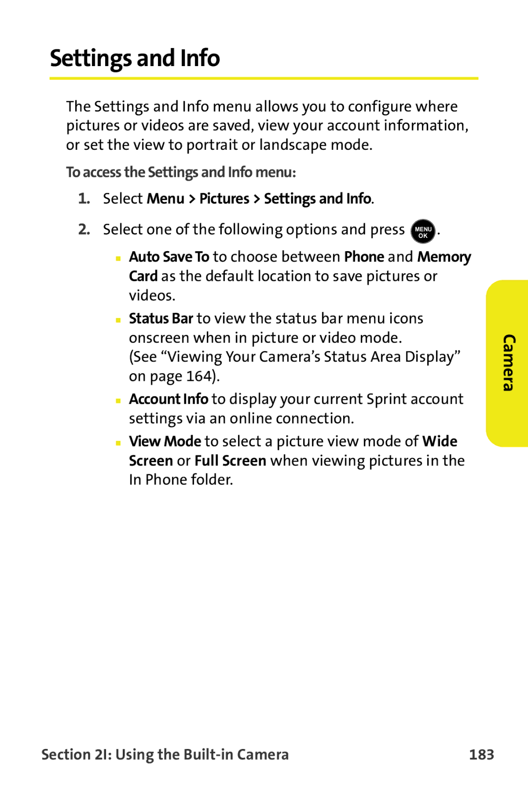 Samsung M510 manual To access the Settings and Info menu, Using the Built-in Camera 183 