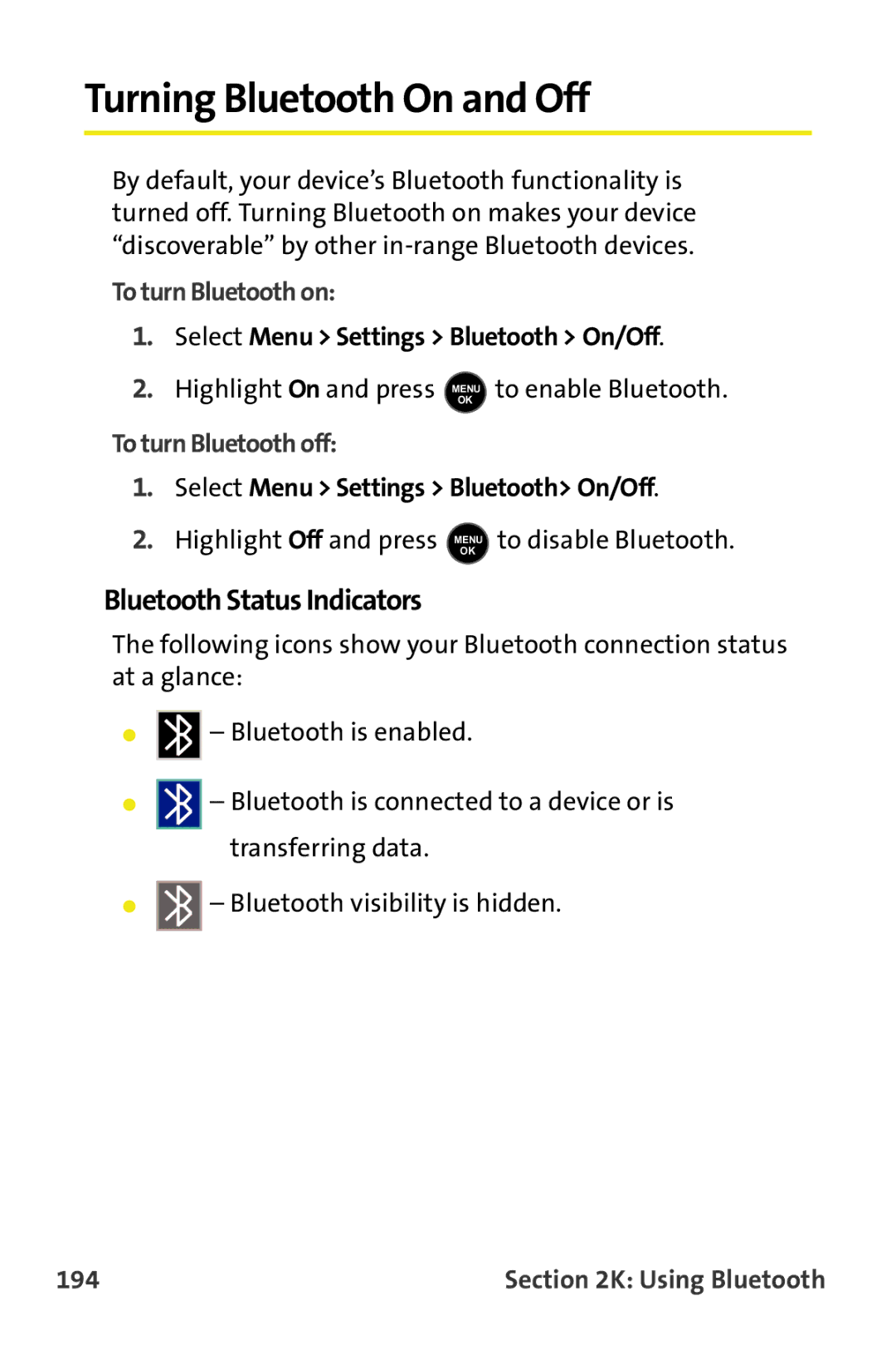 Samsung M510 Turning Bluetooth On and Off, Bluetooth Status Indicators, To turn Bluetooth on, To turn Bluetooth off, 194 