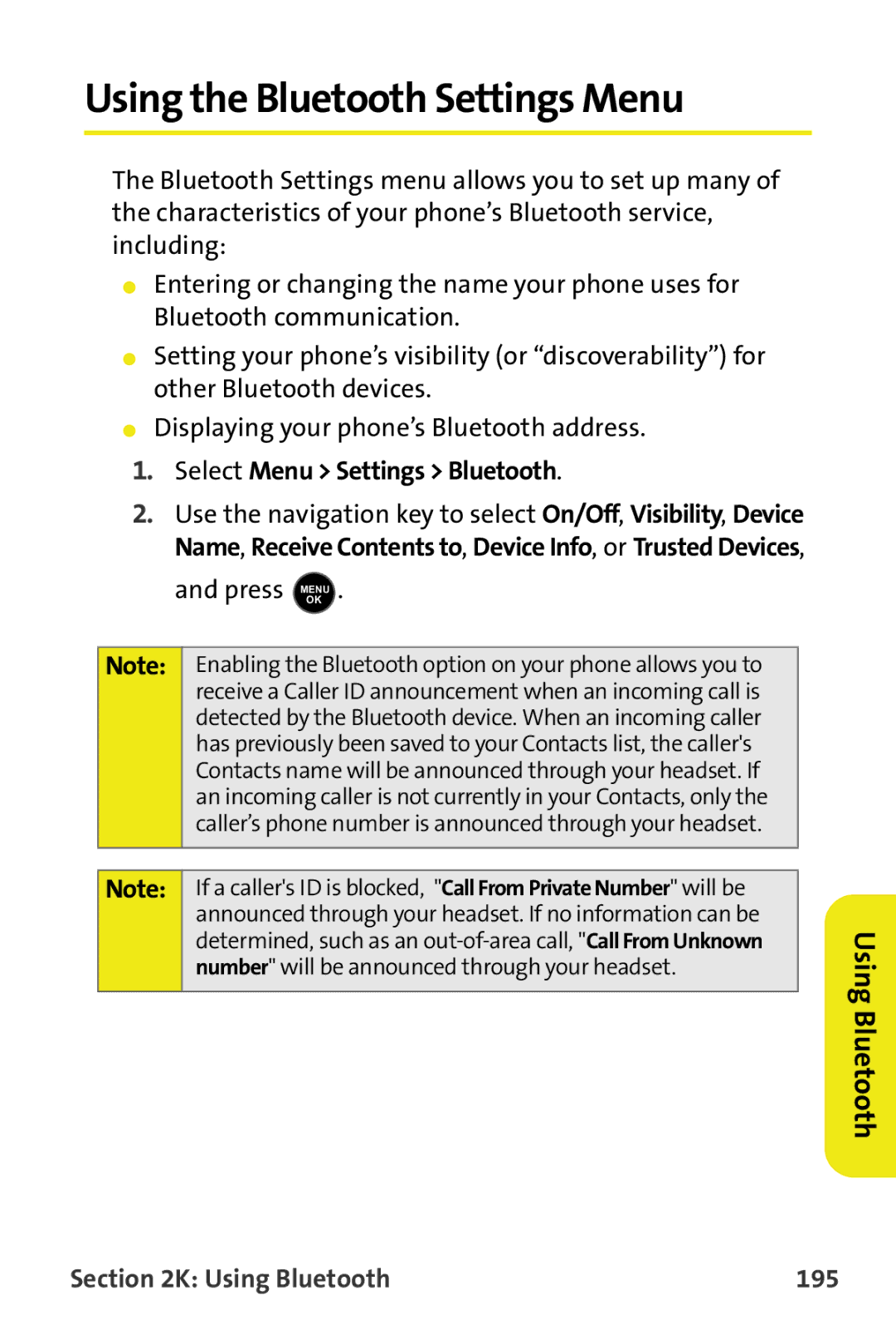 Samsung M510 manual Using the Bluetooth Settings Menu, Select Menu Settings Bluetooth, Using Bluetooth 195 