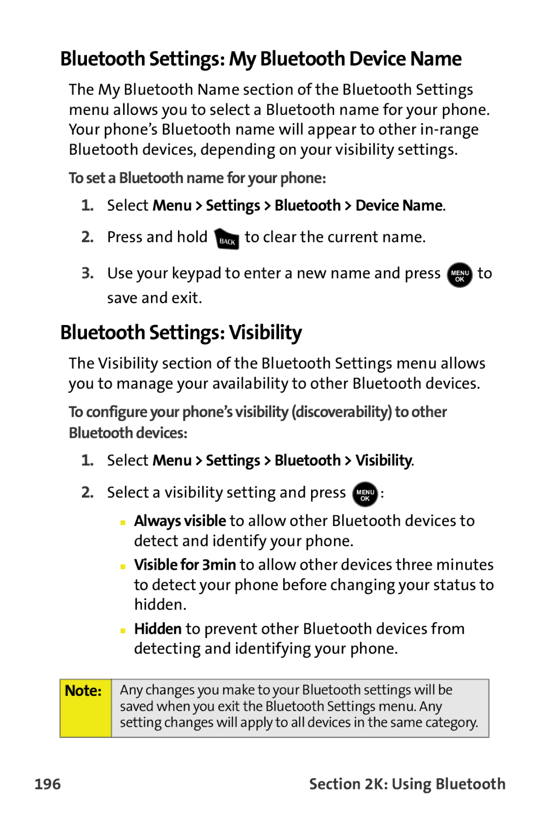 Samsung M510 manual Bluetooth Settings My Bluetooth Device Name, Bluetooth Settings Visibility, 196 