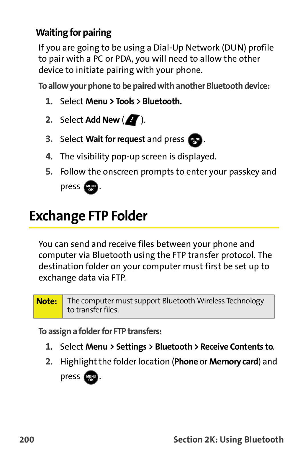 Samsung M510 manual Exchange FTP Folder, Waiting for pairing, To assign a folder for FTP transfers, 200 