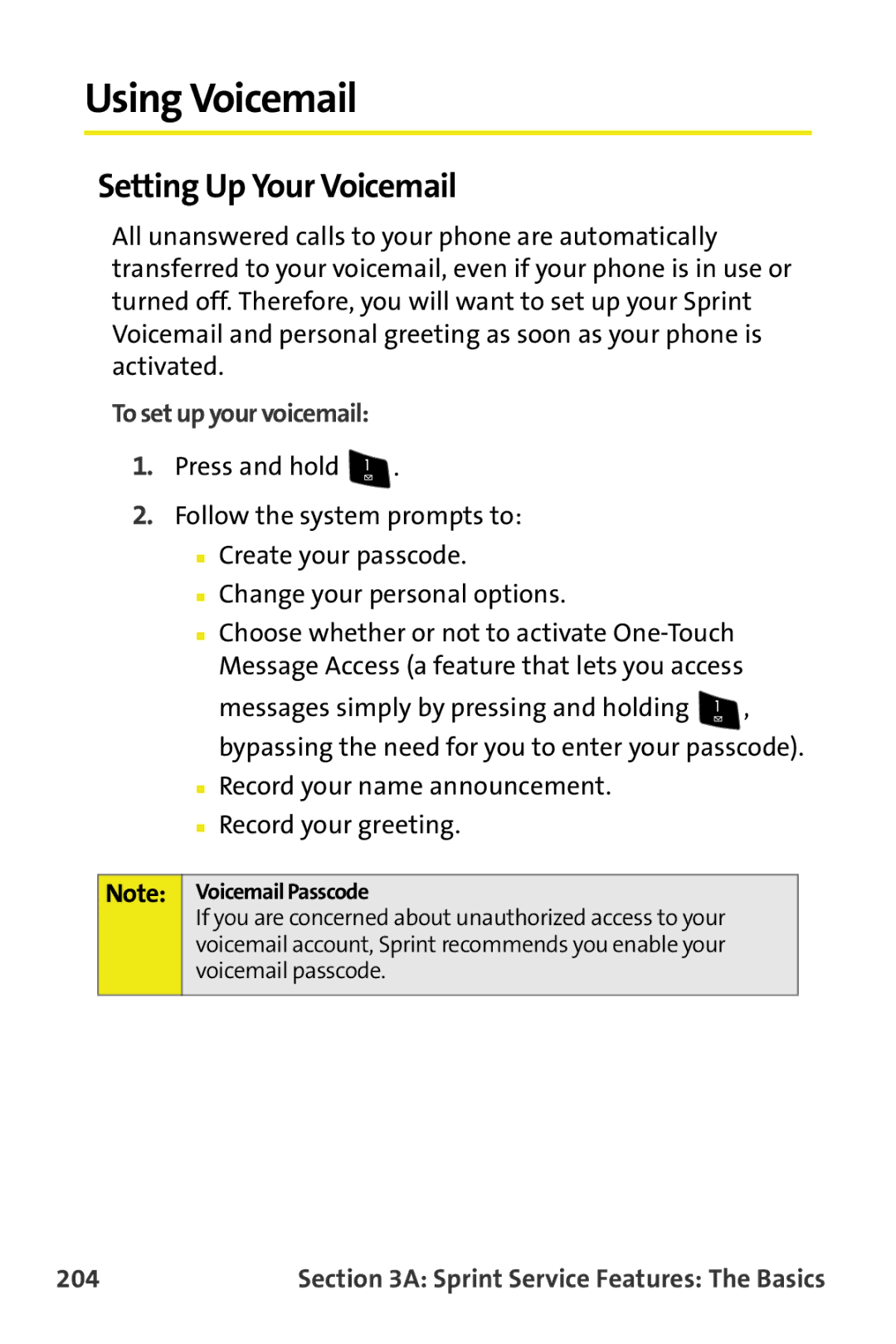 Samsung M510 manual Using Voicemail, Setting Up Your Voicemail, 204, Voicemail Passcode 