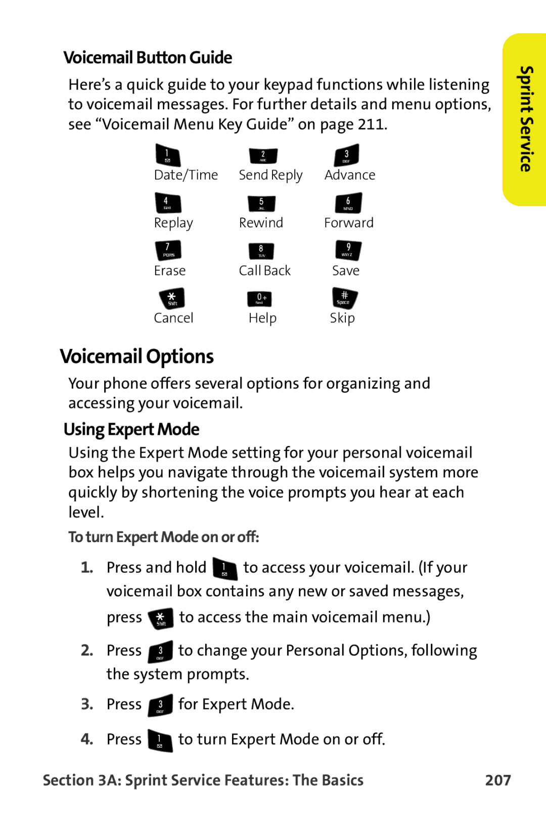 Samsung M510 manual Voicemail Options, Voicemail Button Guide, Using Expert Mode, To turn Expert Mode on or off 