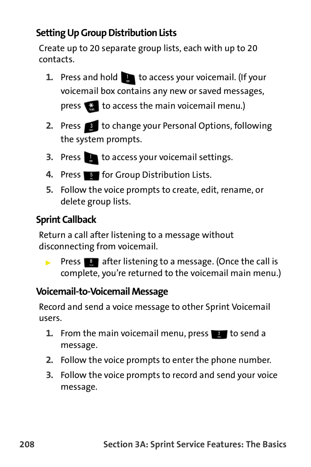 Samsung M510 manual Setting Up Group Distribution Lists, Sprint Callback, Voicemail-to-Voicemail Message, 208 