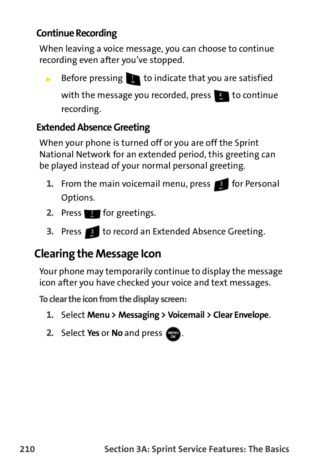 Samsung M510 manual Clearing the Message Icon, Continue Recording, Extended Absence Greeting, 210 