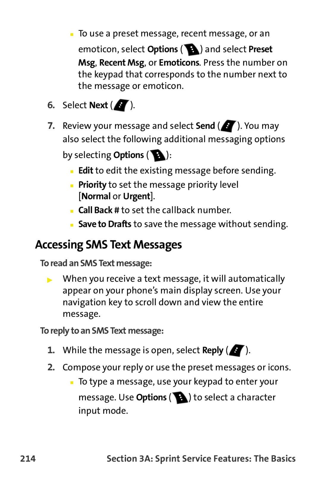 Samsung M510 manual Accessing SMS Text Messages, To read an SMS Text message, To reply to an SMS Text message, 214 