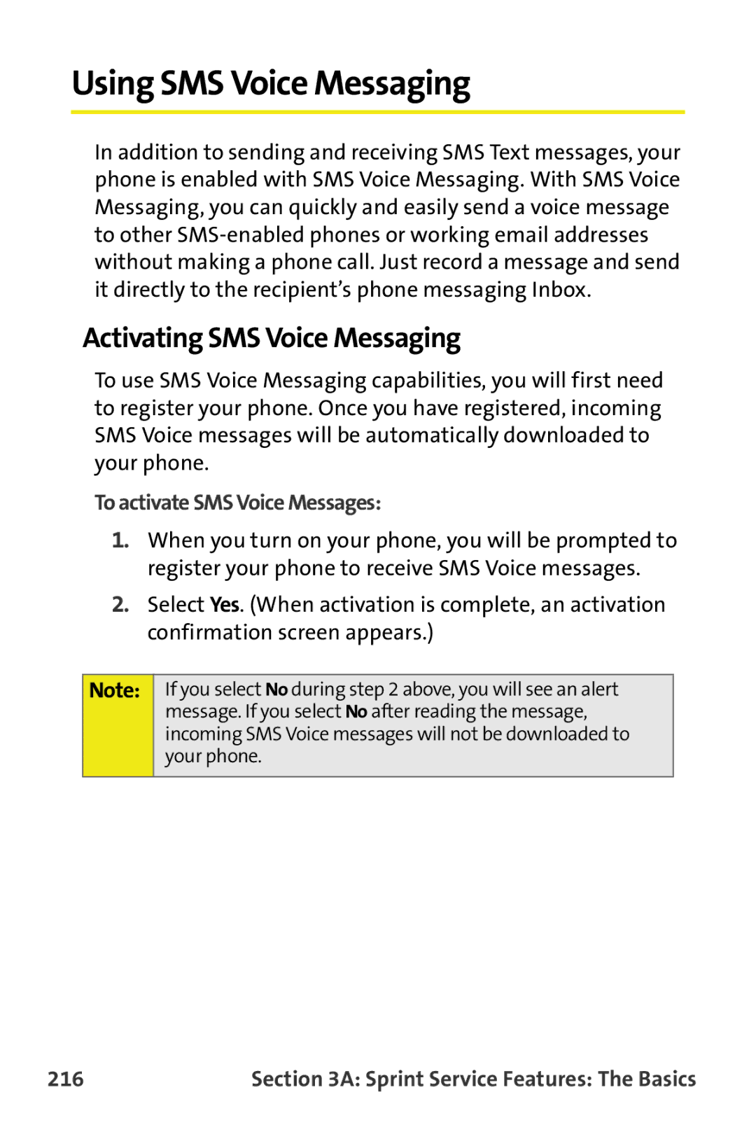 Samsung M510 manual Using SMS Voice Messaging, Activating SMS Voice Messaging, To activate SMS Voice Messages, 216 