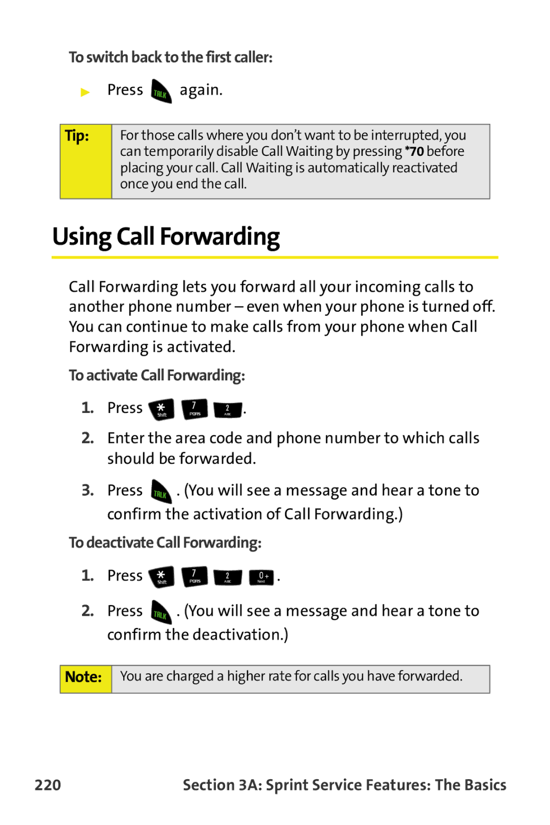 Samsung M510 manual Using Call Forwarding, To switch back to the first caller, To activate Call Forwarding, 220 