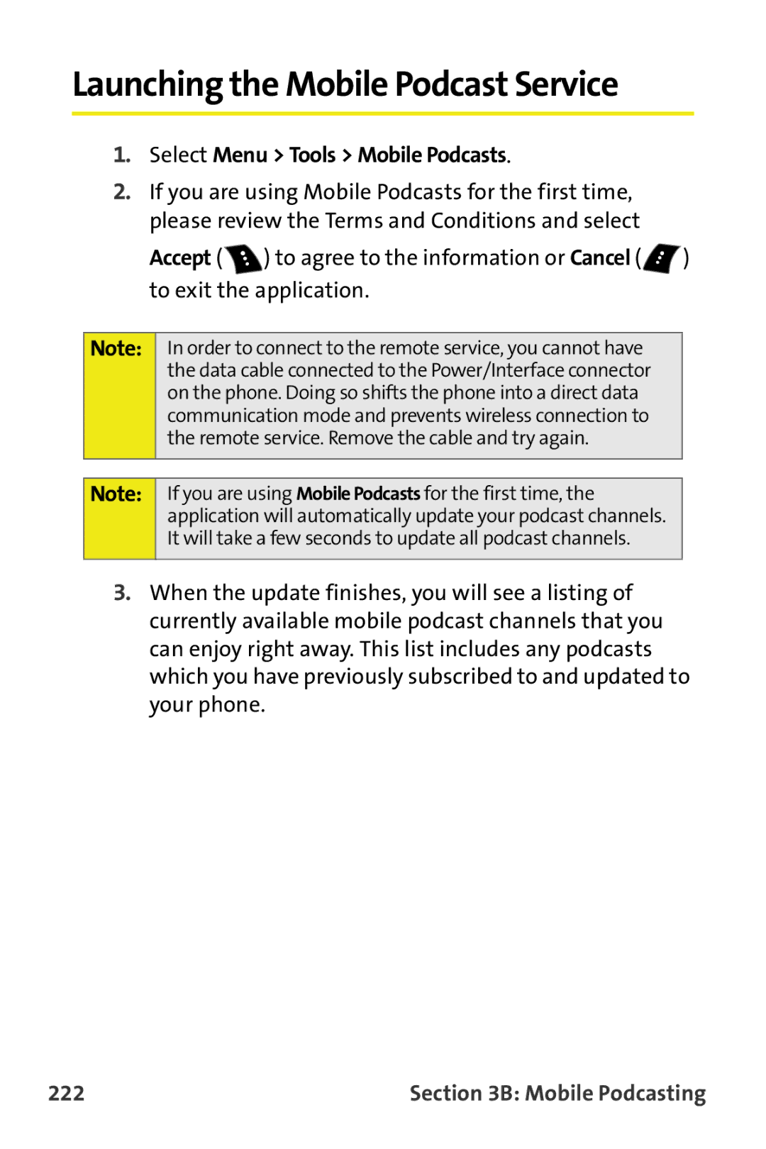 Samsung M510 manual Launching the Mobile Podcast Service, Select Menu Tools Mobile Podcasts, 222 