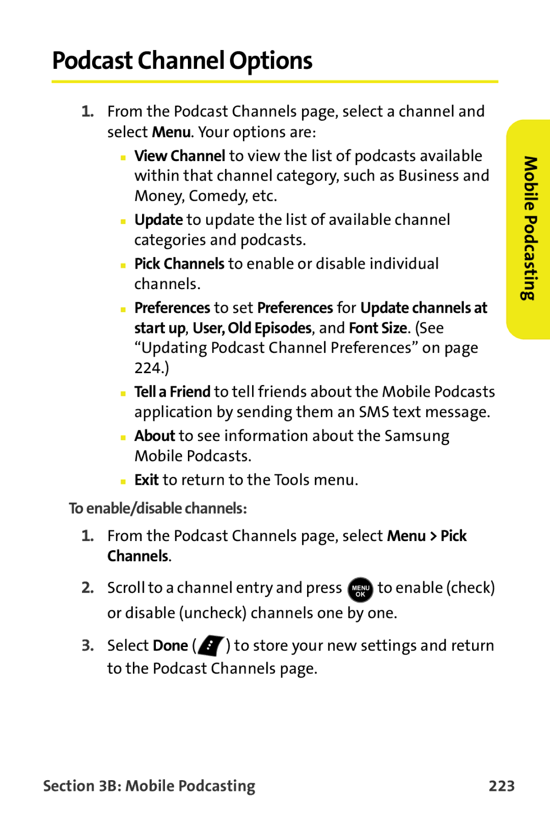 Samsung M510 manual Podcast Channel Options, To enable/disable channels, Mobile Podcasting 223 