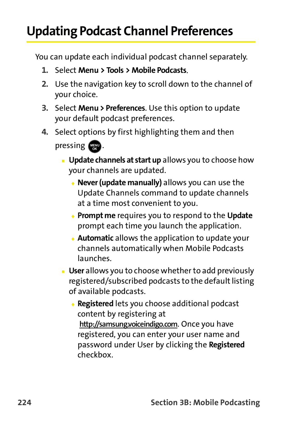 Samsung M510 manual Updating Podcast Channel Preferences, You can update each individual podcast channel separately, 224 