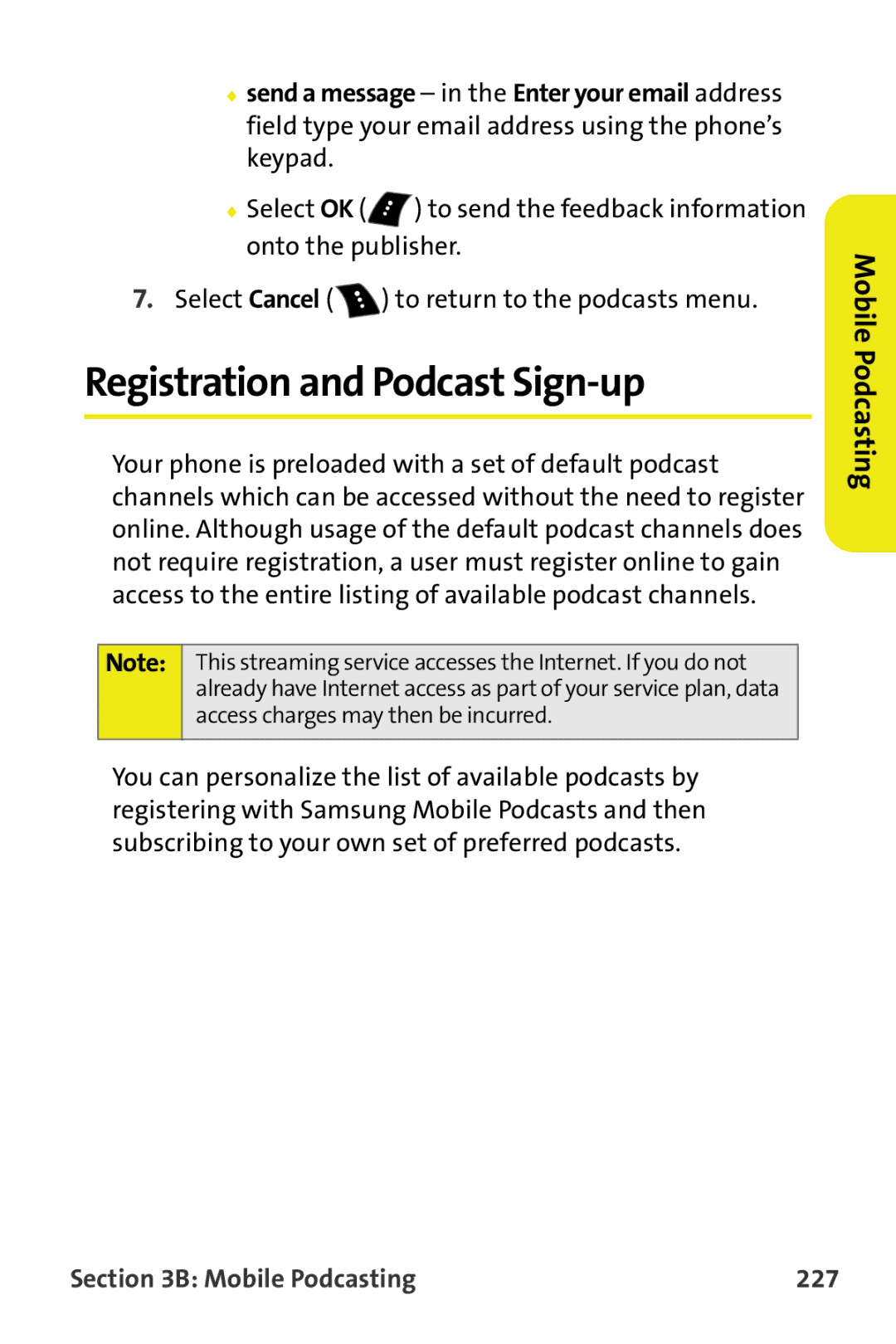 Samsung M510 manual Registration and Podcast Sign-up, Mobile Podcasting 227 