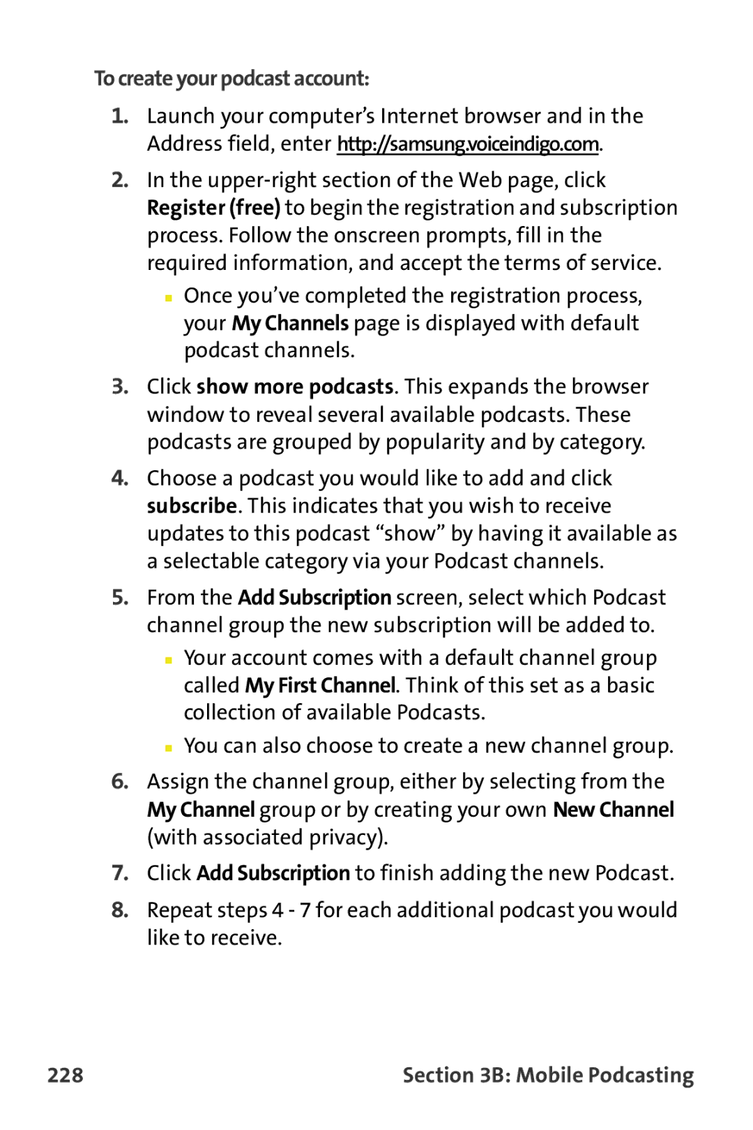 Samsung M510 manual To create your podcast account, 228 