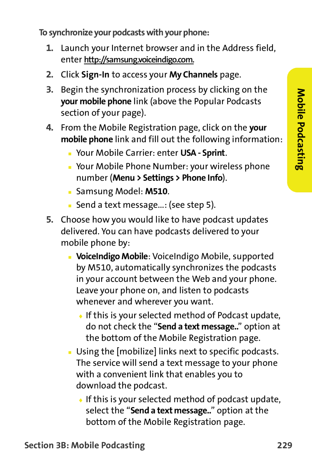 Samsung M510 manual To synchronize your podcasts with your phone, Mobile Podcasting 229 