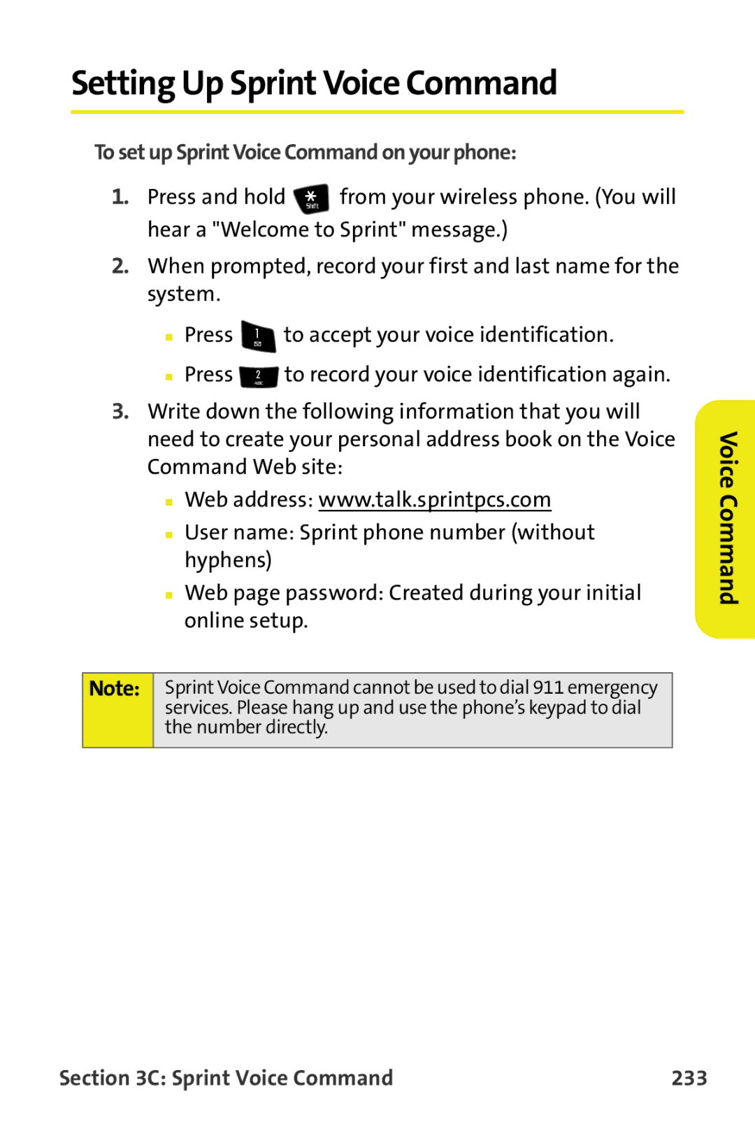 Samsung M510 manual Setting Up Sprint Voice Command, To set up Sprint Voice Command on your phone, Sprint Voice Command 233 