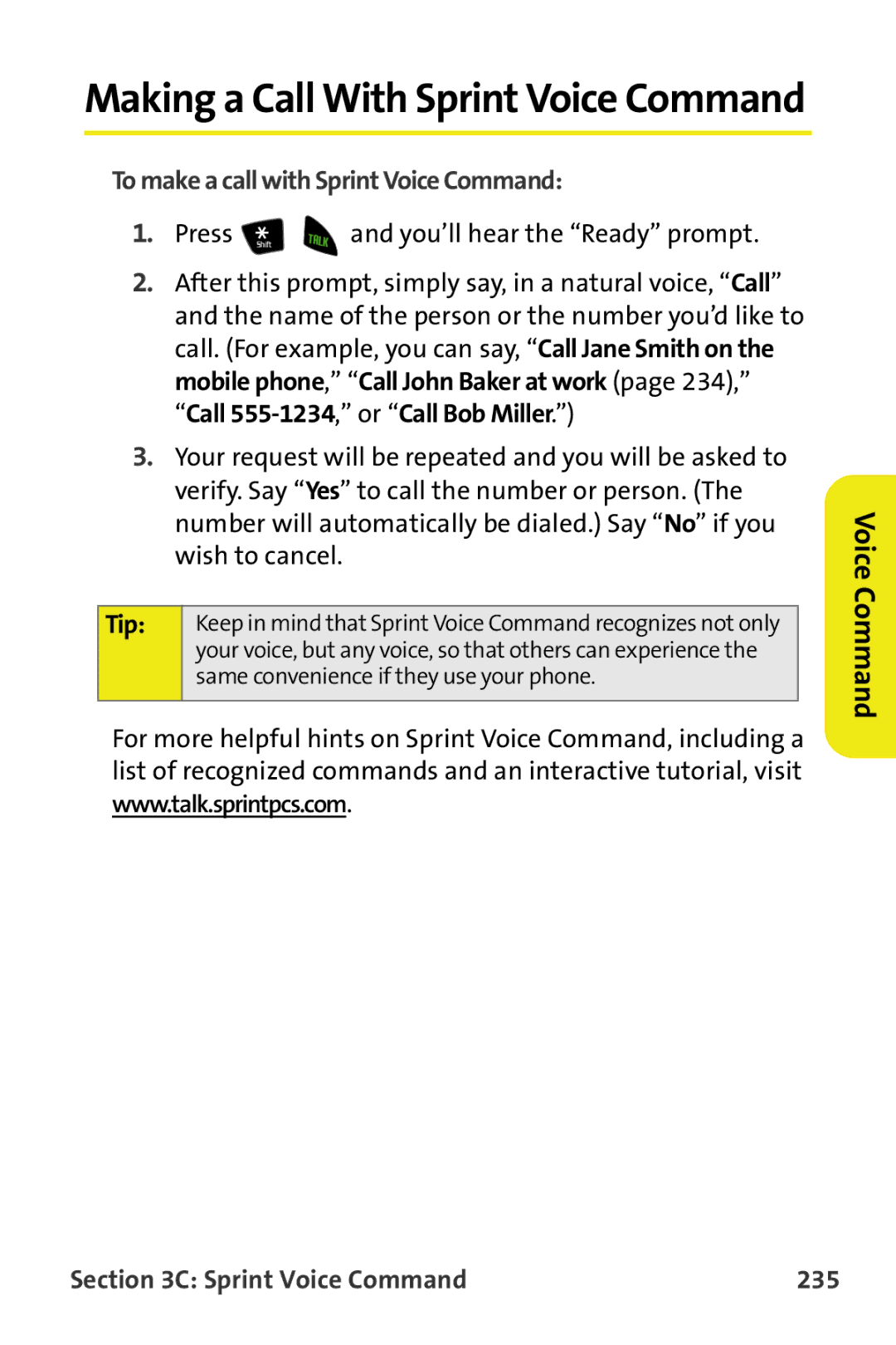 Samsung M510 manual To make a call with Sprint Voice Command, You’ll hear the Ready prompt, Sprint Voice Command 235 