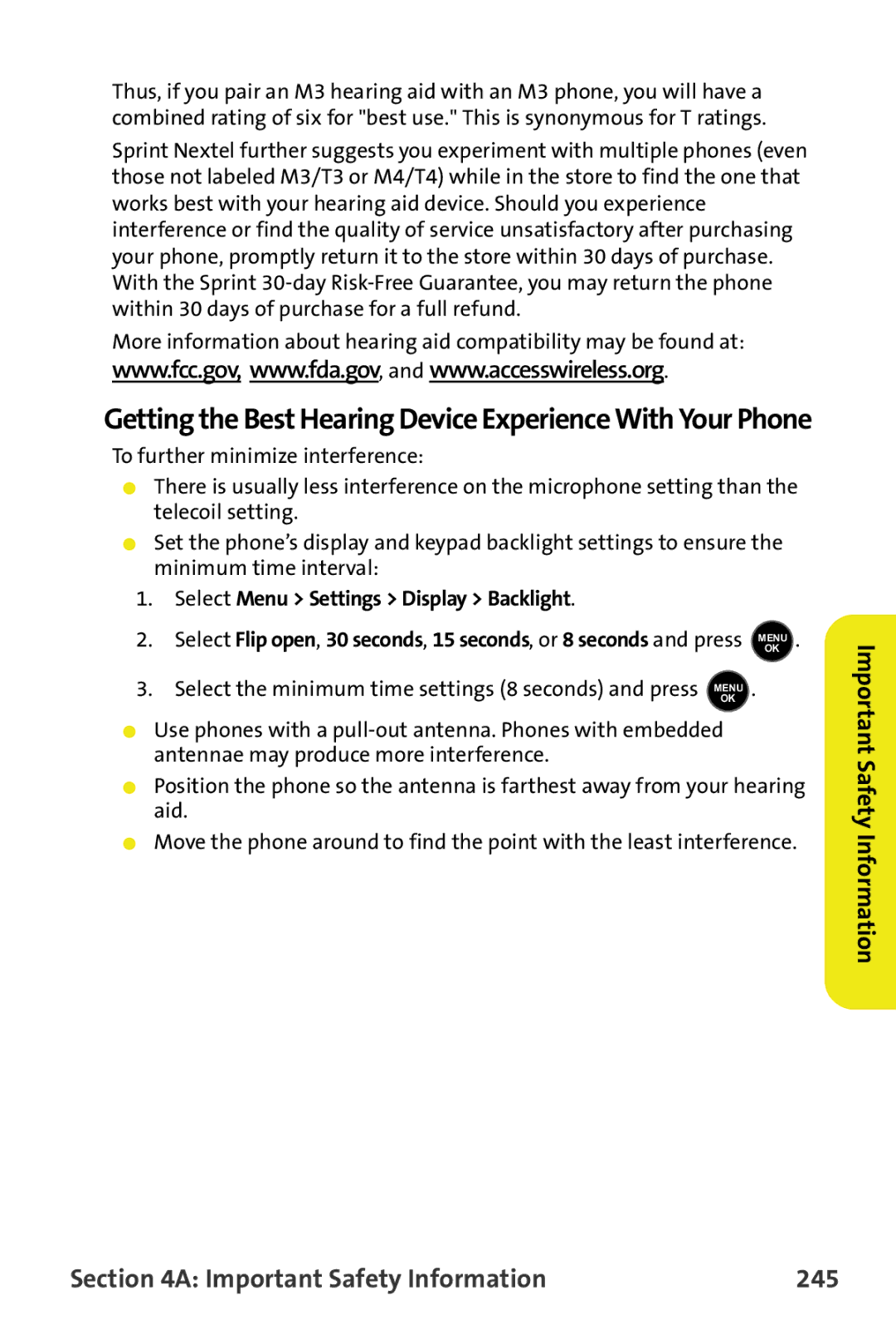 Samsung M510 manual Important Safety Information 245, Getting the Best Hearing Device Experience With Your Phone 